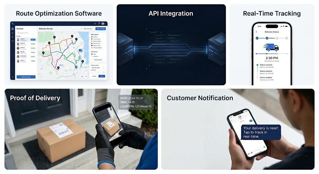 Optima technology platform: route optimization, API integration, real-time tracking, proof of delivery, and customer notifications